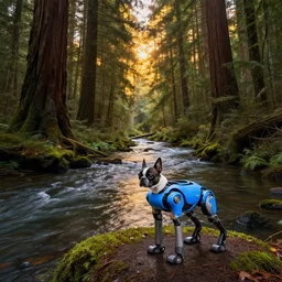 a river winding through a magical redwood forest at sunset with a blue boston dynamics robotic dog standing stoically in the foreground