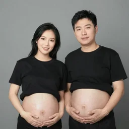 Maternity photo of an attractive young East Asian-American gay couple, both men are 9 months pregnant