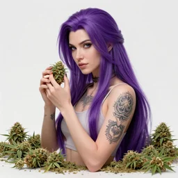 concept art of aerith gainsborough with long purple hair, tattoos, amongst marijuana, high quality, detailed, trending on artstartion