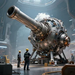 engineers repairing a giant orbital cannon, sci - fi, futuristic, automation, highly detailed, artstation, intricate detail, volumetric lighting, hdr, 4 k