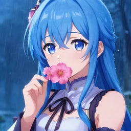 detailed key anime visual of a girl with blue hair holding pink flowers over her mouth; blurry blue rain; created by ATDAN; trending on Pixiv; beautiful, sharp, detailed