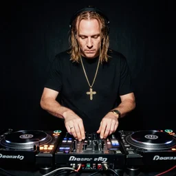 jason vorhees DJing with DJ turntables, photoreal
