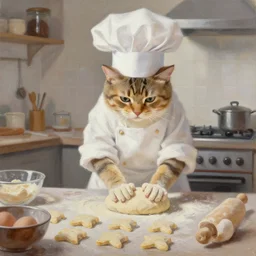cat wearing white chefs hat kneading dough making biscuits in the kitchen, oil painting, artstation, ana dascalu