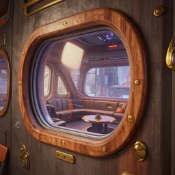 angled close up photo of a corner window of an space ship from overwatch and oblivion movie, by wlop by jungyeonmin and james jean jhonseru jsezz artstation and greg rutkowski, with some wood and gold details, biomechanical, lens orbs, global illumination, with a window overlooking a cyberpunk metropolis, lounge, architectural, volumetric lighting, granular detail, japandi, hyperrealist, ( no people in the scene ) micro details, blender, vray