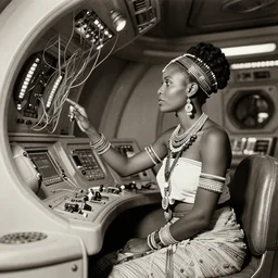 photo of beautiful sexy African native ancient woman in ancient clothes and tribal decorations and jewelry inspecting futuristic sci-fi space ship cockpit, wires with lights, vintage old photo, black and white, sepia, documentary photo