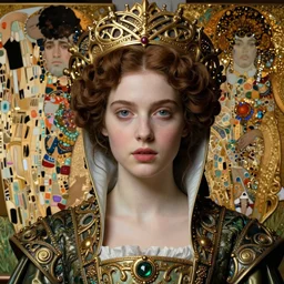beautiful young medieval queen by jean delville, iris van herpen, raymond swanland, james jean, gustav klimt, and alphonse mucha, face centered portrait, hyperdetailed realistic smooth polished porcelain, art nouveau, ornate gothic icon with heavy patina, ultrasharp hyperdetailed photorealistic octane render