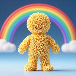 effigy made of ramen noodles in front of a rainbow, hyperrealistic, 4k, photography