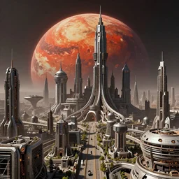 A ultra detailed sci fi city on a red planet with alien structures, 1 human