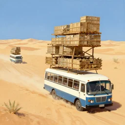 bus with 8 decks driving through the desert in the style of ronald searle, illustration, painterly