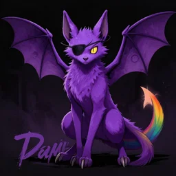 a purple wolfbat fursona with an eyepatch and a rainbow tail, drawn in a noir style, reminescent of max payne and ghost in the shell, style of purple rain album cover