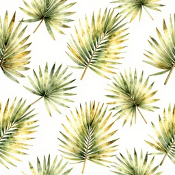 repeating pattern seamless. watercolor. tropical palm leaves, warm light, gold and green, hyperrealistic, detailed