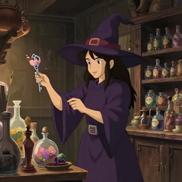 a wholesome animation key shot of a witch at an occult store buying strange magical ingredients for her potions, medium shot, waist up, studio Ghibli, Pixar and Disney animation, sharp, Rendered in Unreal Engine 5, anime key art by Greg Rutkowski, Bloom, dramatic lighting