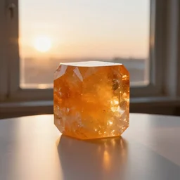 a giant cubic orange and yellow crystal on a white table near a window at sunset, hyperrealistic, highly detailed, high qualit, 8K, godrays, warm lighting, path traced, high coherence, calm, macro photo, symmetrical, photorealistic, low contrast, serene landscape, beautiful, geometric