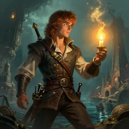 concept art of a young swashbuckler holding a candle discovering a sunken city, highly detailed, digital art, illustration, artstation, very detailed, 4 k