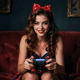 a pin up woman playing a videogame, front view, digital art, dark lighting, couch, control, photo