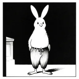 a still frame from comic strip a bird in rabbit costume half pants 1 9 5 0, herluf bidstrup, new yorker illustration, monochrome contrast bw, lineart, manga, tadanori yokoo, simplified,