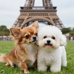 a photorealistic closeup image of a cute brown colored long haired chihuahua cocker spaniel dog cuddling with an adorable smiling white bichon frise dog in paris in front of the eiffel tower. grass. brightly lit. extreme detail. 4 k hd unreal engine