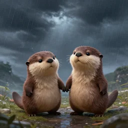 illustration hyper detailed cute otters holding hands in a huge storm cinematic trending on artstation masterpiece