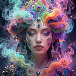 a futuristic shaman princess engulfed in colorful liquid smoke and neon clouds, a colorful psychedelic experience, dmt, lsd, face, delicate, highly detailed, digital painting, artstation, concept art, matte, sharp focus, illustration, digital art by hana yata, and artem demura and beeple, octane render, unreal engine, 8 k, pixel sorting