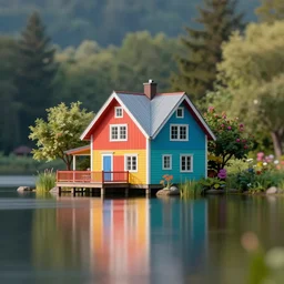a house on a lake, colorful, fantasy, vibrant, bokeh, long exposure, tilt - shift, by dan mumford, trending on artstation