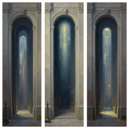 centralized triptych style painting showing walls with portals to another world, sharp focus, digital, sectioned in thirds, architecture, urban fantasy detailed, elegant artist greg rutkowski
