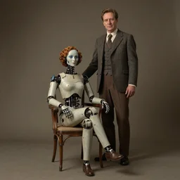 a beautiful ultradetailed fine art old vintage couples portrait photo of cyborgs sitting on a chair and standing, by tom bagshaw and zach sutton, couples portrait, vignette, 3 5 mm lens, golden ratio composition, studio photography, very detailed, humanoids, artstation, 8 k, highly coherent