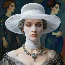 a beautiful futuristic portrait with hat made by wires and white gauze twisted around her face, necklace made by wires and gauzes, design by leonardo davinci, inspired by egon schiele, modern art, baroque art, jewelry designer, new classic, hyper realistic, highly detailed, cinematic composition, cinematic lighting, fashion design, concept art, hdri, 4 k -