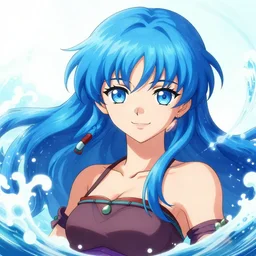 advanced digital anime art, WLOP, RossDraws and Sakimichan, female water shaman with blue hair like waves and blue eyes smiling , SFW version —H 1024