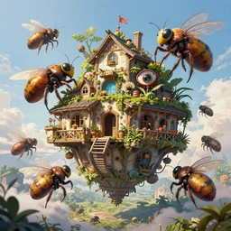 an intricate concept art, illustration, fantasy upside down house with large insect megafauna biomes, ultra photorealistic, pinterest, artstation, cgsociety, global illumination, pinterest, digital art, hyper detail, vibrant colors, style by feng zhu and artgerm, hyperrealistic octane render, 8 k