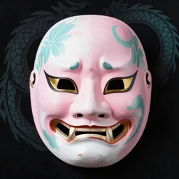 japanese mask with dragon in background pink and teal color scheme