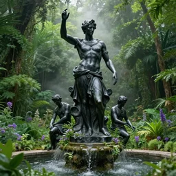 a classical greek marble statue of nyarlathotep atop a fountain in a lush dense verdant garden by albert bierstadt and mark arian and ferdinand knab and gil elvgren, black marble statue, lovecraftian, mist, hyperrealism, volumetric lighting, god rays, ultrafine details, sfumato, purple flowers, overgrown