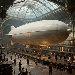 digital art of an airship in a hangar with a glass dome, many people walking across railings over and under the airship, vintage, steampunk, industrial, 4 k, victorian fantasy, fantasy, hdr