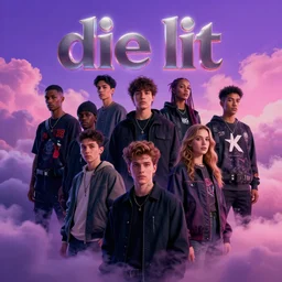 a photoshoot of a new clothing line named die lit, 8 k concept art, colorful, color splash, detailed, clouds, vivid, purple - pink skies, professional, cinematic lighting, detailed faces