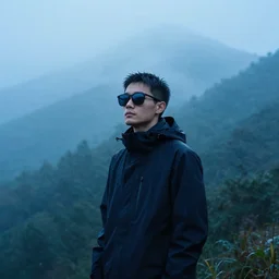 dude in misty environment with shades of blue, forest, mountains, 4k, cinematic, ultra sharp, beautiful lighting, raining,