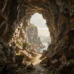 cliffed arch port town, fantasy, exquisite, volumetric lighting, 8 k octane beautifully detailed render, post - processing, extremely hyper - detailed, intricate, epic composition, cinematic lighting, masterpiece, trending on artstation, stunning art by caravaggio, by simonetti, beautiful cinematic light
