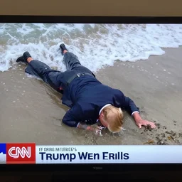 cnn news footage of donald trump being washed up on shore, view from above, tv