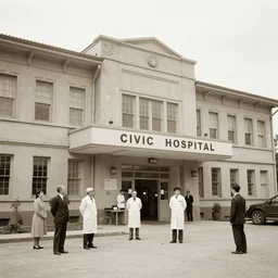 an image of a civic hospital clinic, in a medium full shot, russian and japanese mix, high - key lighting, warm lighting, overcast flat midday sunlight, a vintage historical fantasy 1 9 1 5 photo from life magazine, professional cooperate, the new york times photojournalism.