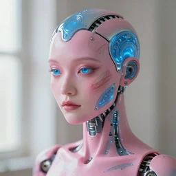 natural light, soft focus portrait of a android with soft synthetic pink skin, blue bioluminescent plastics, smooth shiny metal, elaborate ornate head piece, piercings, face tattoo and scars, skin textures, by annie liebovotz, paul lehr,