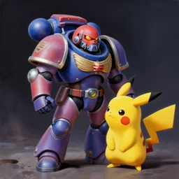 mdevial painting of space marine petting a Pikachu