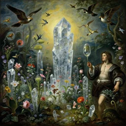 'Life from death' A horrifying aesthetic horror landscape painting depicting 'A crystalline graveyard with plants and flowers growing all over it, birds and insects flying all around it' by giuseppe arcimboldo and Rembrandt, Trending on cgsociety artstation, 8k, masterpiece, cinematic lighting, highly detailed, vibrant colors.