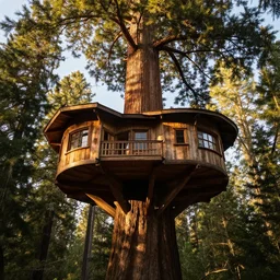 gigantic tree house built on an ancient sequoia tree, golden hour