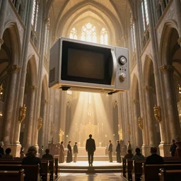 people worshiping a giant floating microwave in center in a massive cathedral