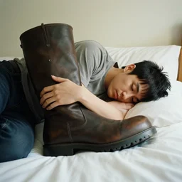 a man laying in bed snuggling a giant boot