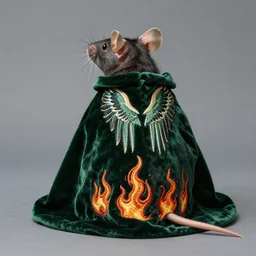photograph of A mouse wearing a Green velvet cape with embroidered crow wings and flames in the style on Annie Leibovitz, Studio Lighting