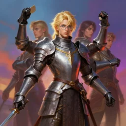 4 - armed blond knight with with glasses has four arms, fantasy, digital painting, dramatic lighting, vibrant setting, realistic shading, unreal engine 5, concept art, ultra detailed, trending artstation