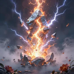 symmetry!! close - up a huge fire lightning ice hybrid magic of elements magic stone in the mist, floral!, elegant, highly detailed, magic surge, intricate, unreal engine 5, concept art ， by greg rutkowski, loish, highly rendered, digital painting, artstation hq