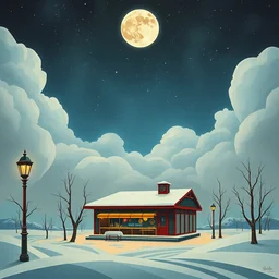 bauhaus abstract geometric portrait of sky, winter, snow, night, moon, diner, steampunk, nicoletta ceccoli, mark ryden, lostfish, max fleischer, hyper realistic, artstation, illustration, digital paint, matte paint, vivid colors, bright, cheerful, detailed and intricate environment