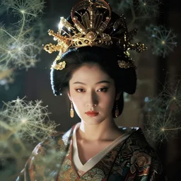 Hyper realistic and detailed Portrait of an Japanese queen with adorned crown and fractal plants all around. detailed. depth of field. Rembrandt light. moody. lens flare. kodak portra.