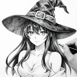 portrait of anime succubus with long hair wearing a witch hat, pen and ink, intricate line drawings, by craig mullins, ruan jia, kentaro miura, greg rutkowski, loundraw, yoshitaka amano