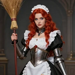 Portrait of Female Paladin, french maid, red hair, blue eyes, fair skin, broomstick, gorgeous, high fantasy, artstation